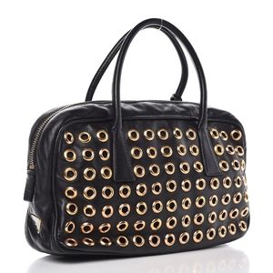 Prada Gold Grommet Black Leather Hand Bag w/ Lock and Keys